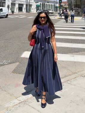 Navy Midi Fit-and-Flare Dress with Vertical Dot Stripes
